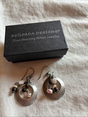 Silpada Sterling Silver Hammered Hoop Earrings -pearl, brown, brown beads W1429